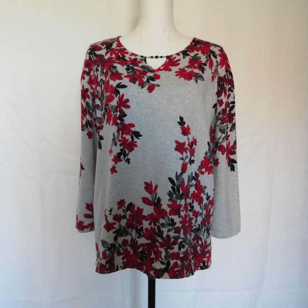 Alfred Dunner Woman ¾” Sleeves Gray Red Fall Leaves Motif Knit top 3X